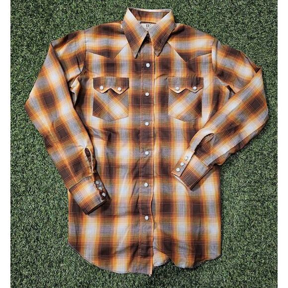 Vintage Dee Cee Pearl Snap Shirt Women's 34 USA Orange Red Plaid Western EUC - Picture 1 of 8